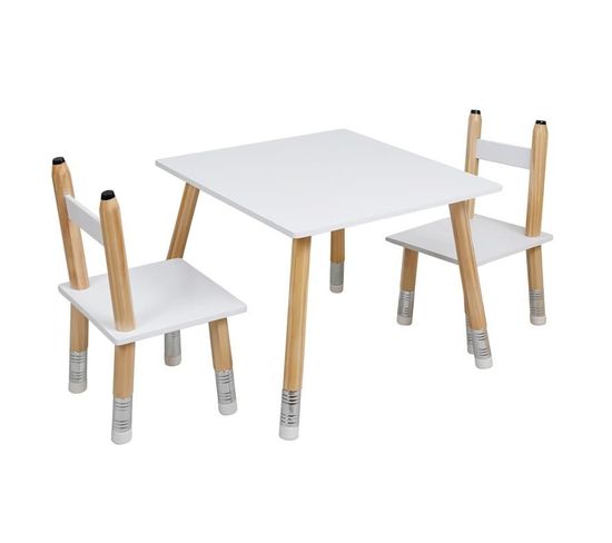 Table et 2 Chaises Enfant "crayon" 60cm Blanc