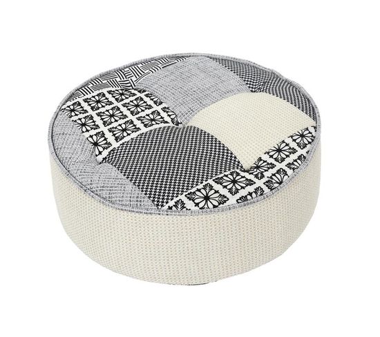 Pouf Rond Design "patchwork" 50cm Gris Et Blanc