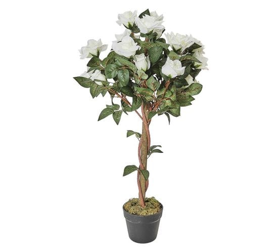 Plante Artificielle En Pot "rosier" 90cm Vert et Blanc