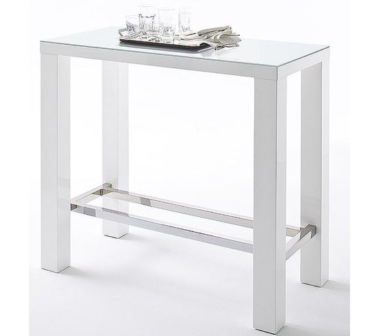 Table De Bar Rectangulaire En Métal Et Verre Blanc Brillant - L.120 X H.107 X P.60 Cm