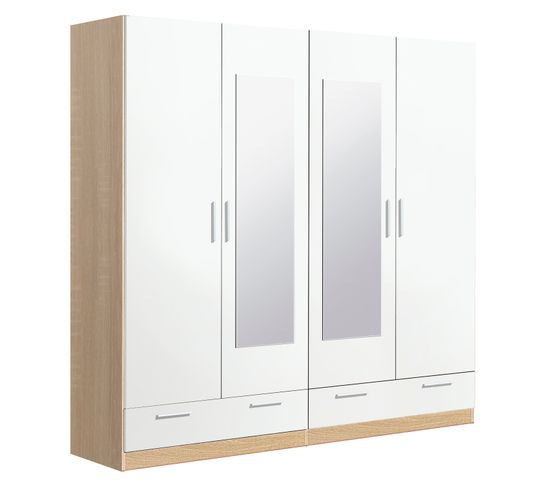 Armoire / Placard De Rangement De 4 Portes Avec Miroirs + 2 Tiroirs Coloris Chêne Cambrian / Blanc