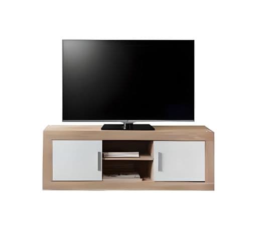 Meuble TV De 2 Portes + 2 Niches Coloris Chêne Cambrian / Blanc - L. 134 X P. 35 X H. 46 Cm