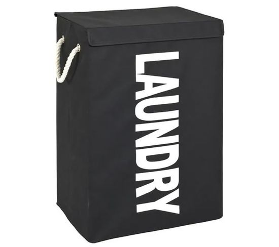 Panier À Linge En Tissu Canvas Noir Motif "laundry" Blanc - L. 40 X H. 62 X P. 30 Cm