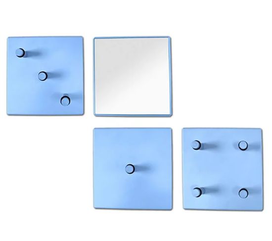 Lot De 3 Patères Murales En Métal Coloris Bleu + 1 Miroir - L. 15 X H. 15 X P. 6 Cm