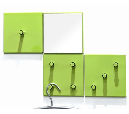 Lot De 3 Patères Murales En Métal Coloris Vert + 1 Miroir - L. 15 X H. 15 X P. 6 Cm