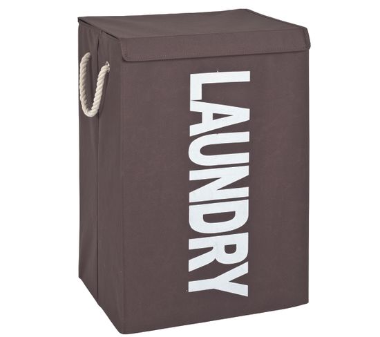 Panier À Linge En Tissu Canvas Marron, Motif "laundry" Blanc - L. 40 X H. 62 X P. 30 Cm