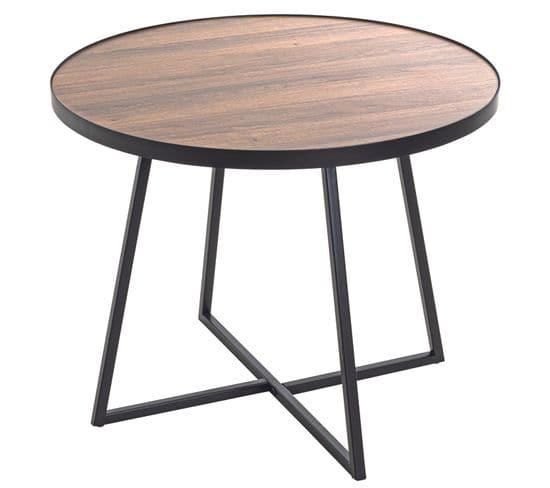 Table D'appoint En Métal Noir Et Mdf Coloris Chêne - Diamètre 60 X Hauteur 48 Cm