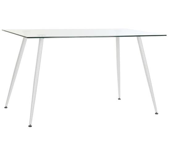 Table À Manger Table Repas Rectangulaire En Métal Coloris Blanc Et Verre - L. 135 X H. 75 X P. 75 Cm