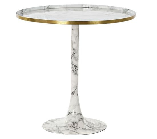 Table D'appoint Ronde En Imitation Marbre Et Aluminium Coloris Blanc Doré - D. 51 X H. 51 Cm