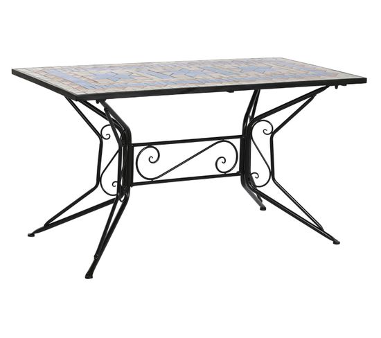 Table De Jardin  En Fer Noir Et Pierre Multicolore - Longueur 140 X Profondeur 70 X Hauteur 75,5 Cm