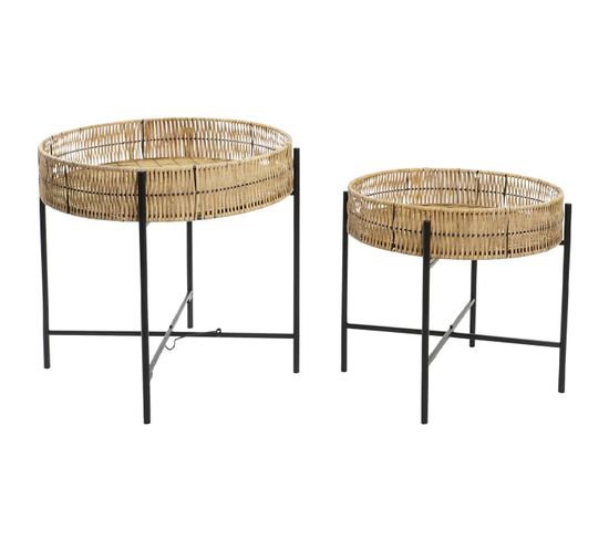 Set De 2 Table D'appoint En Bambou Naturel Et Métal Noir - Diamètre 64/54 X Hauteur 48.5/40.5 Cm