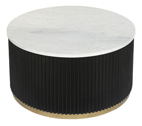 Table Basse Ronde En Marbre Blanc Et Métal Noir - Diamètre 80 X Hauteur 40 Cm
