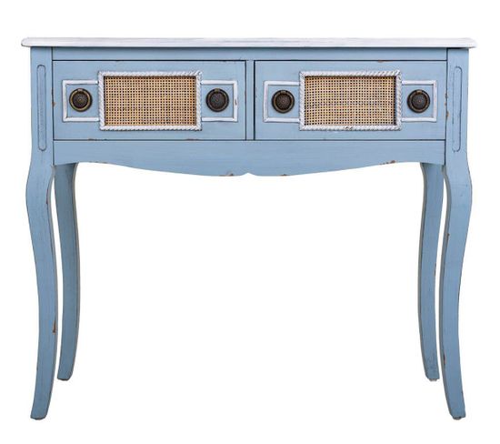 Meuble Console, Table Console En Bois Avec 2 Tiroirs Coloris Bleu - L. 90  X P.  33 X H. 77 Cm
