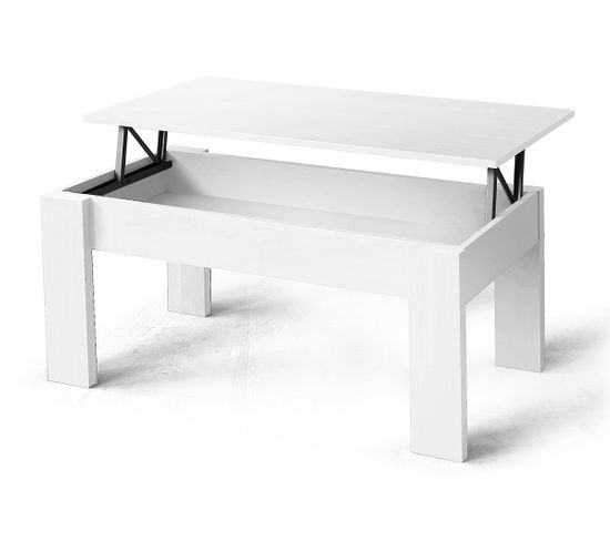 Table Basse, Table De Salon Relevable En Bois Coloris Blanc - L. 100 X P. 50 X Hauteur 45/57 Cm