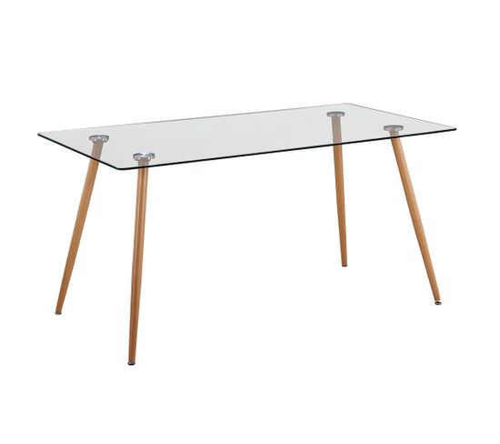 Table à Manger, Table De Repas En Verre Et Pieds Métal Coloris Chêne Cambrian - L. 140 X P. 80 cm