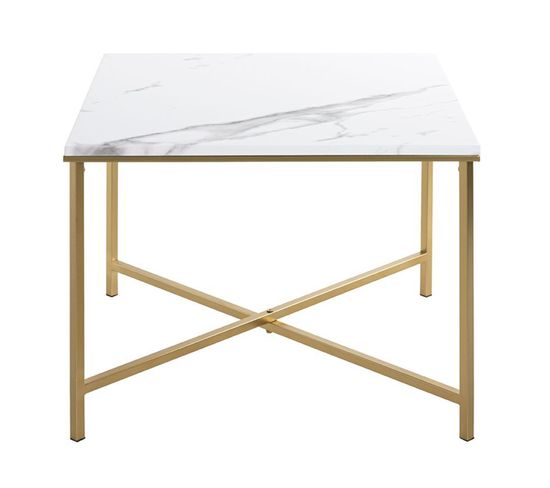 Table D'appoint Carrée En Métal Coloris Doré Et Mdf Imitation Marbre - L. 60 X P. 60 X H. 45 Cm