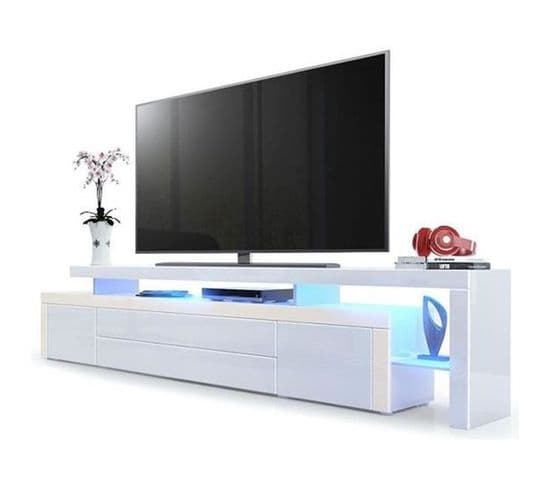 Meuble TV  Crème Et Blanc Laqué   Avec LED 52 X 227 X 35  Cm