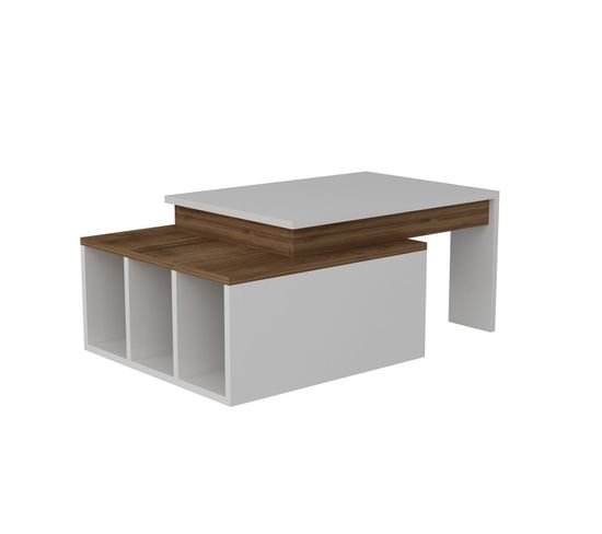 Table Basse Sur 2 Niveaux Avec 3 Niches De Rangement - Blanc Et Marron