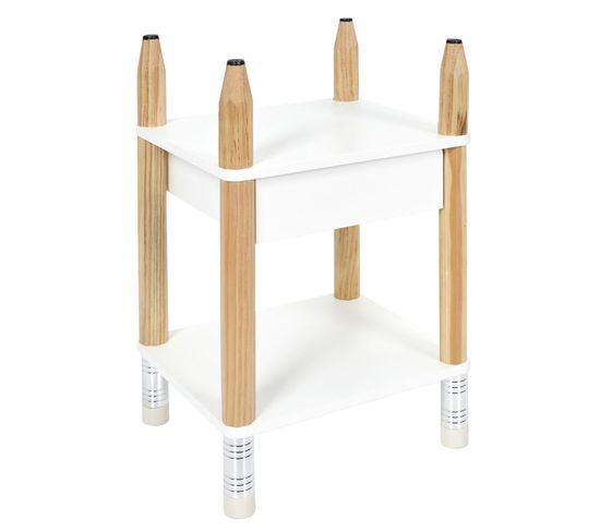 Table De Chevet Crayon Avec Tiroir Pour Chambre D'enfant - Blanc Et Marron
