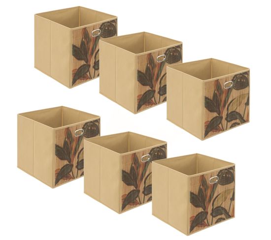 Lot De 6 Boîtes De Rangement Imprimé Tropical En Bambou Et Tissu Palawan - Marron Et Noir