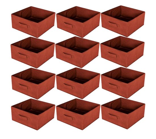 Lot De 12 Boites De Rangement Pliables En Polypropylène Avec Poignée - 30x30x15cm - Rouge Brique
