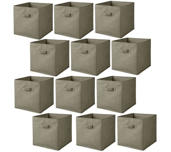 Lot De 12 Cubes De Rangement Pliables En Tissus Avec Poignée - 30x30x30cm - Taupe