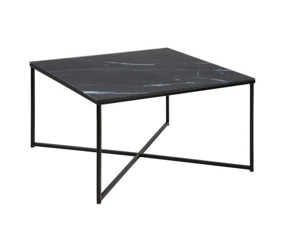 Table Basse Effet Marbre En Verre Et Métal - L.80 cm - Noir