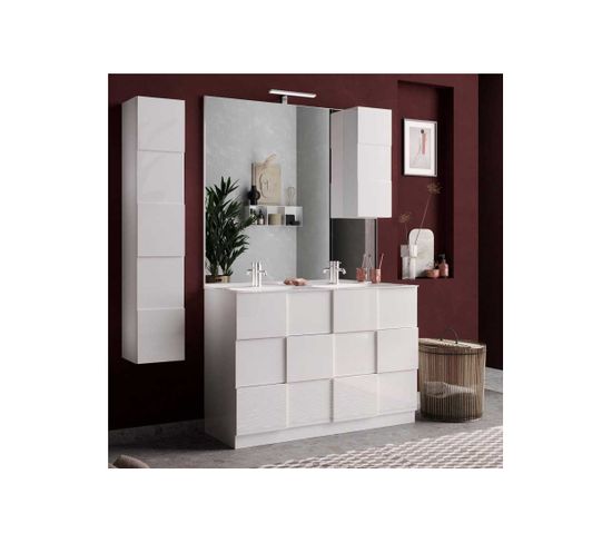 Meuble Sous-vasque 120 Cm Laqué Blanc Brillant + Vasque + Miroir LED + Colonne - Ticato