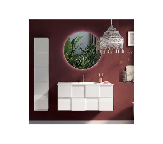 Meuble Sous-vasque 80 Cm Laqué Blanc Brillant + Vasque + Miroir LED + Colonne - Ticato