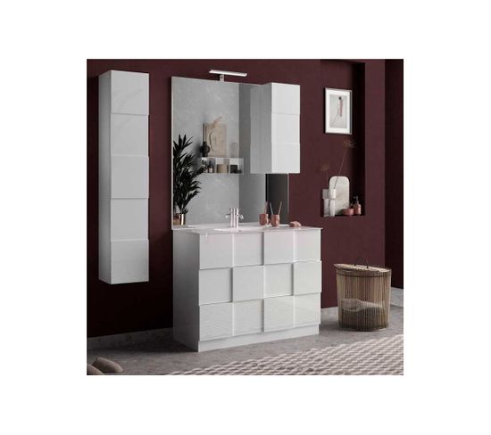 Meuble Sous-vasque 100 Cm Laqué Blanc Brillant + Vasque + Miroir LED + Colonnes - Ticato