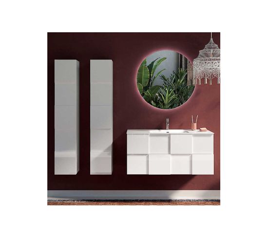 Meuble Sous-vasque 80 Cm Laqué Blanc Brillant + Vasque + Miroir LED + Colonnes - Ticato
