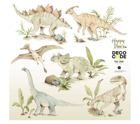 Sticker Mural Dinosaures Aquarelles Pour Décoration Enfantine 70 X 70 Cm Beige