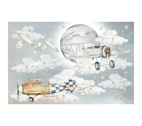 Décoration Murale Avions Rétro Et Lune Pour Chambre D'enfant 50 X 75 Cm Gris