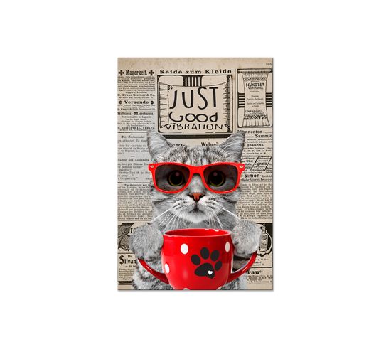 Tableau Cat With Coffee Vertical 60 X 90 Cm Rouge
