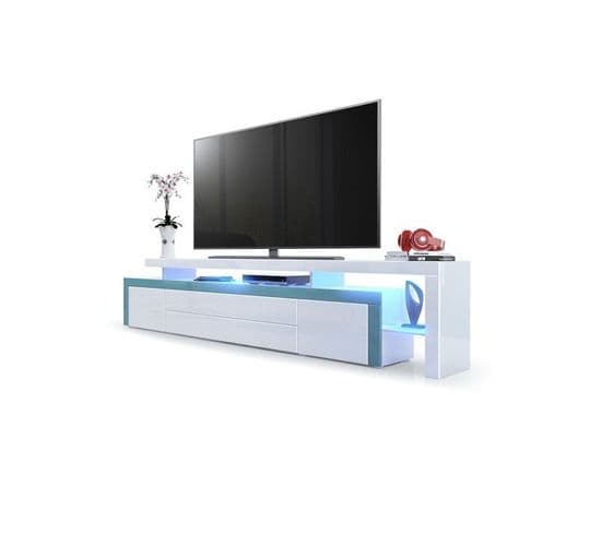 Meuble TV Turquoise  Et Blanc Laqué  Avec LED 52 X 227 X 35  Cm