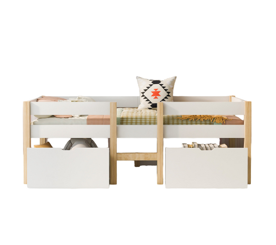Lit lit enfant avec tiroir et protection antichute, bois de pin massif, 90x200cm, blanc