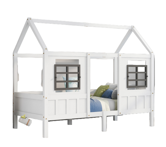 Lit cabane pour enfant 200x90 avec 2 fenêtres, cadre en bois massif de pin, blanc