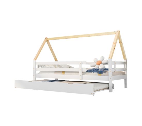 Lit cabane pour enfant 200x90, double lit coulissant avec roulettes en bas, bois massif, blanc