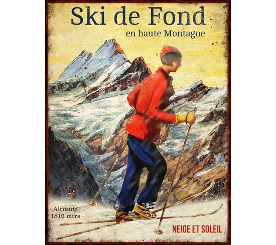 Plaque Vintage Sports D'hiver En Métal 25 X 33 Cm Ski De Fond