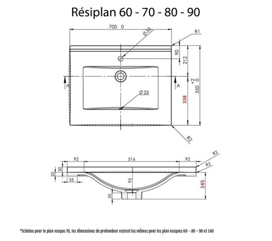 Plan Simple Vasque En Résine De Synthèse Resiplan - 60 Cm