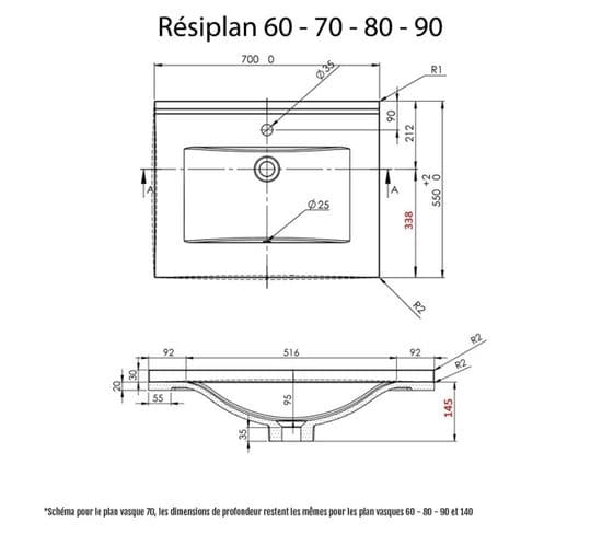 Plan Simple Vasque En Résine De Synthèse Resiplan - 90 Cm