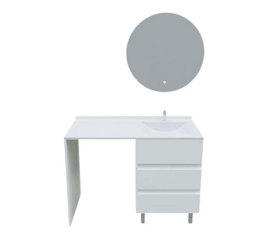 Meuble Lave-linge Kora Avec Plan Vasque Déportée + Miroir Rond Fazzio- Blanc- Vasque à Droite