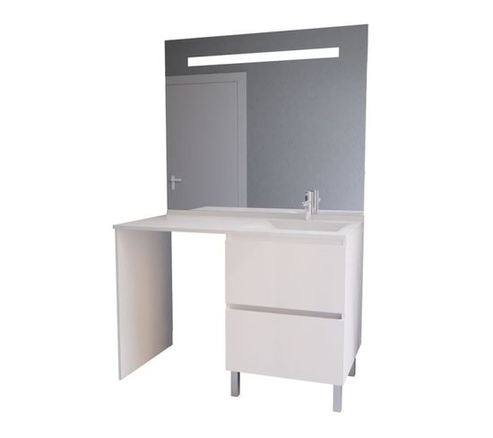 Meuble Lave-linge Idea, Plan Vasque Déportée + Miroir Elégance H105- Blanc- Vasque à Droite