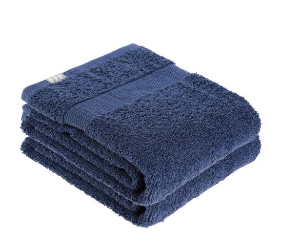 Lot De 2 Serviettes De Toilette Tissu Éponge 100% Coton Bleu Marine 50 X 90 Cm