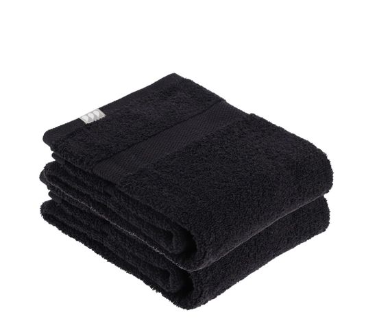 Lot De 2 Serviettes De Toilette Tissu Éponge 100% Coton Noir 50 X 90 Cm