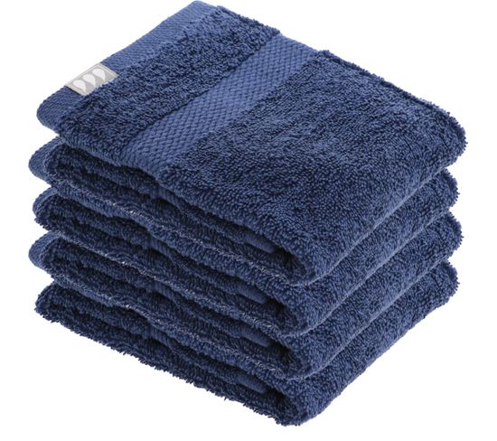 Lot De 4 Serviettes De Toilette Tissu Éponge 100% Coton Bleu Marine 30 X 50 Cm