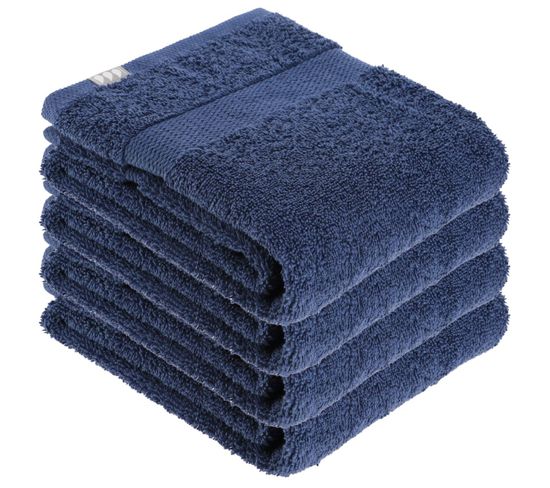Lot De 4 Serviettes De Toilette Tissu Éponge 100% Coton Bleu Marine 50 X 90 Cm