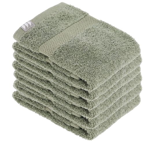 Lot De 6 Serviettes De Toilette Tissu Éponge 100% Coton Vert Kaki 30 X 50 Cm