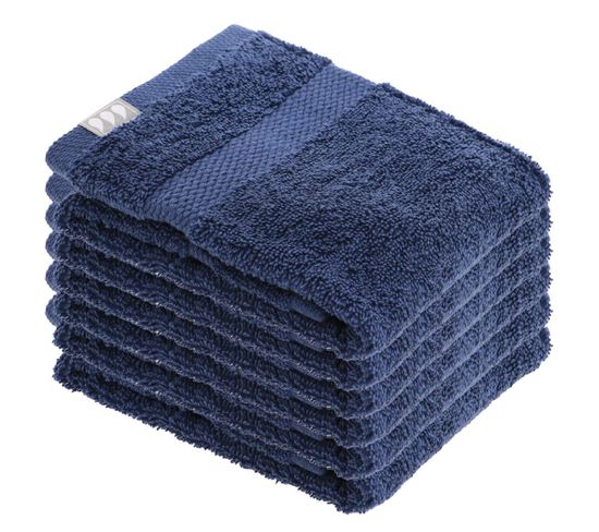 Lot De 6 Serviettes De Toilette Tissu Éponge 100% Coton Bleu Marine 30 X 50 Cm