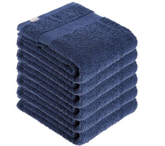 Lot De 6 Serviettes De Toilette Tissu Éponge 100% Coton Bleu Marine 50 X 90 Cm
